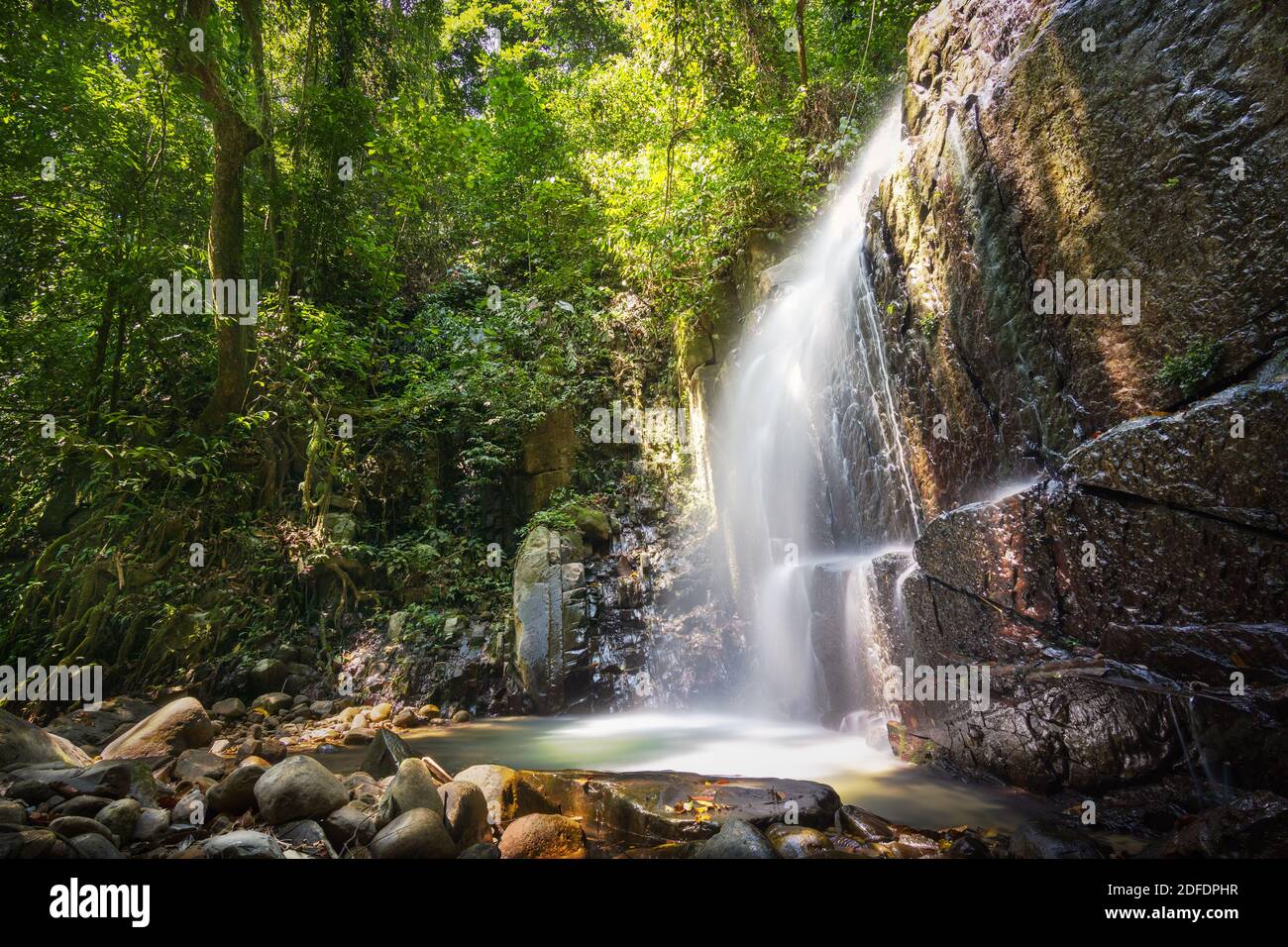 Kionsom Waterfall in Tropical Rainforest. Kota KInabalu Sabah. Stock Photo