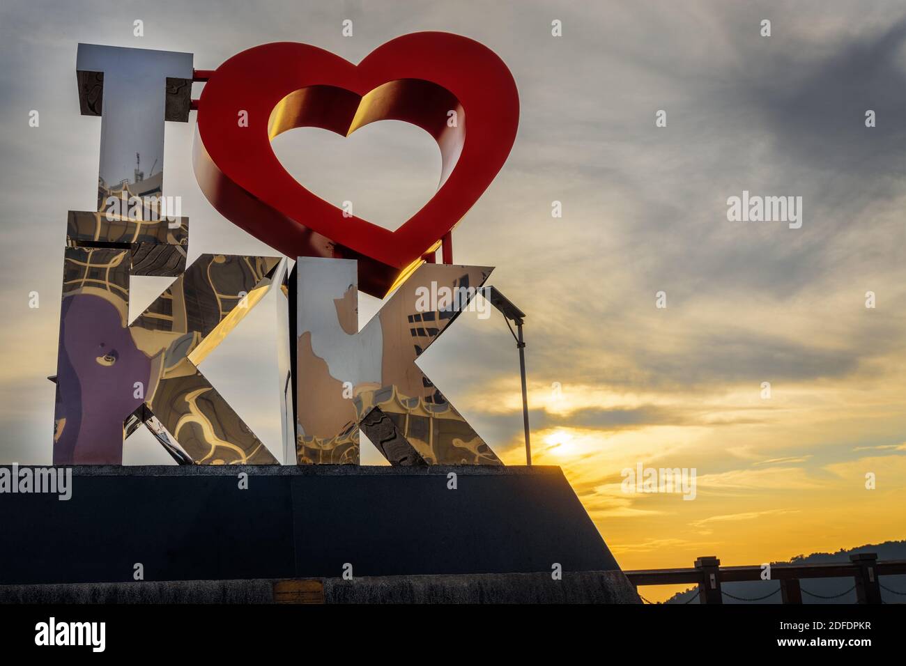 Kota Kinabalu, Sabah, Malaysia - August 23, 2019: I Love KK statue. A tourist attraction landmark located at the heart of Kota Kinabalu Sabah. Stock Photo