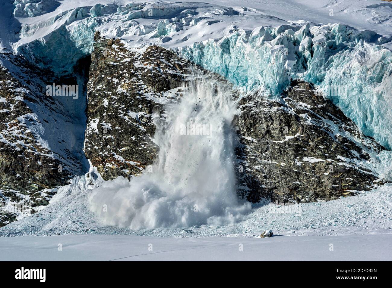 Avalanche in Allalin Glacier Switzerland Stock Photo