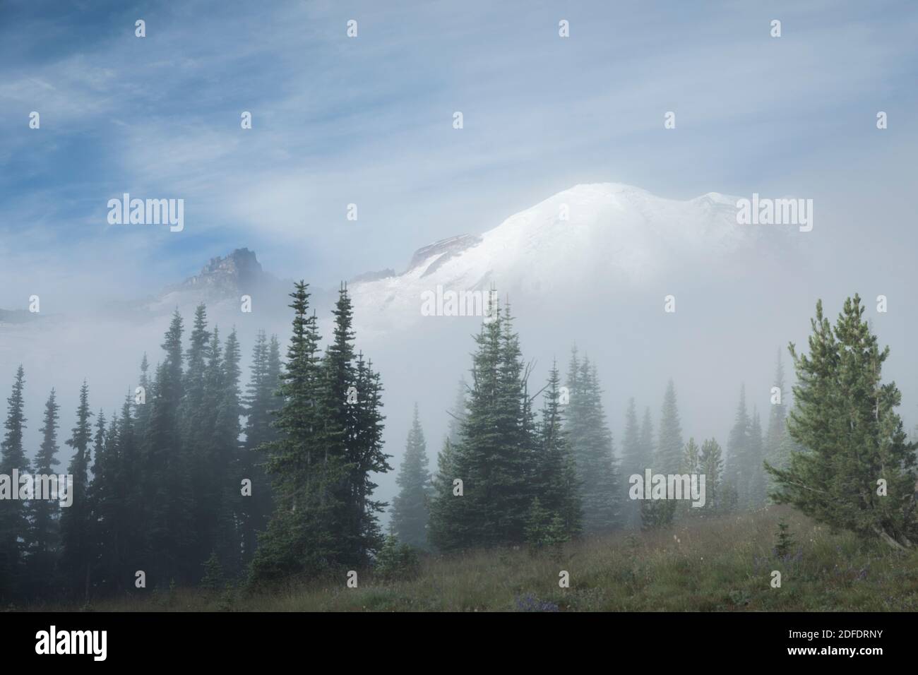 Mount Rainier up close partially shrouded in clouds Stock Photo Alamy