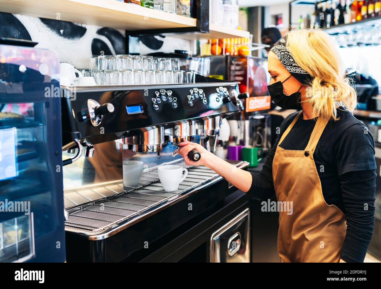 baker making coffee in the coffee pot Stock Photo