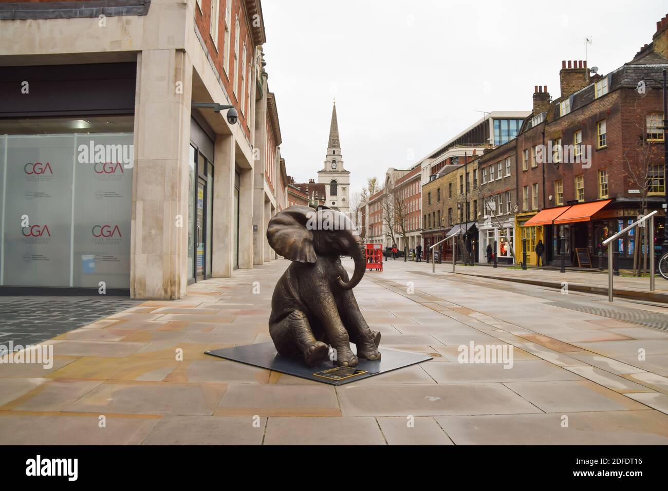 A bronze elephant sculpture at Spitalfields Market, London. Created by