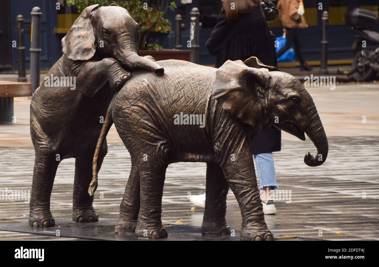 A bronze elephant sculpture at Spitalfields Market, London. Created by