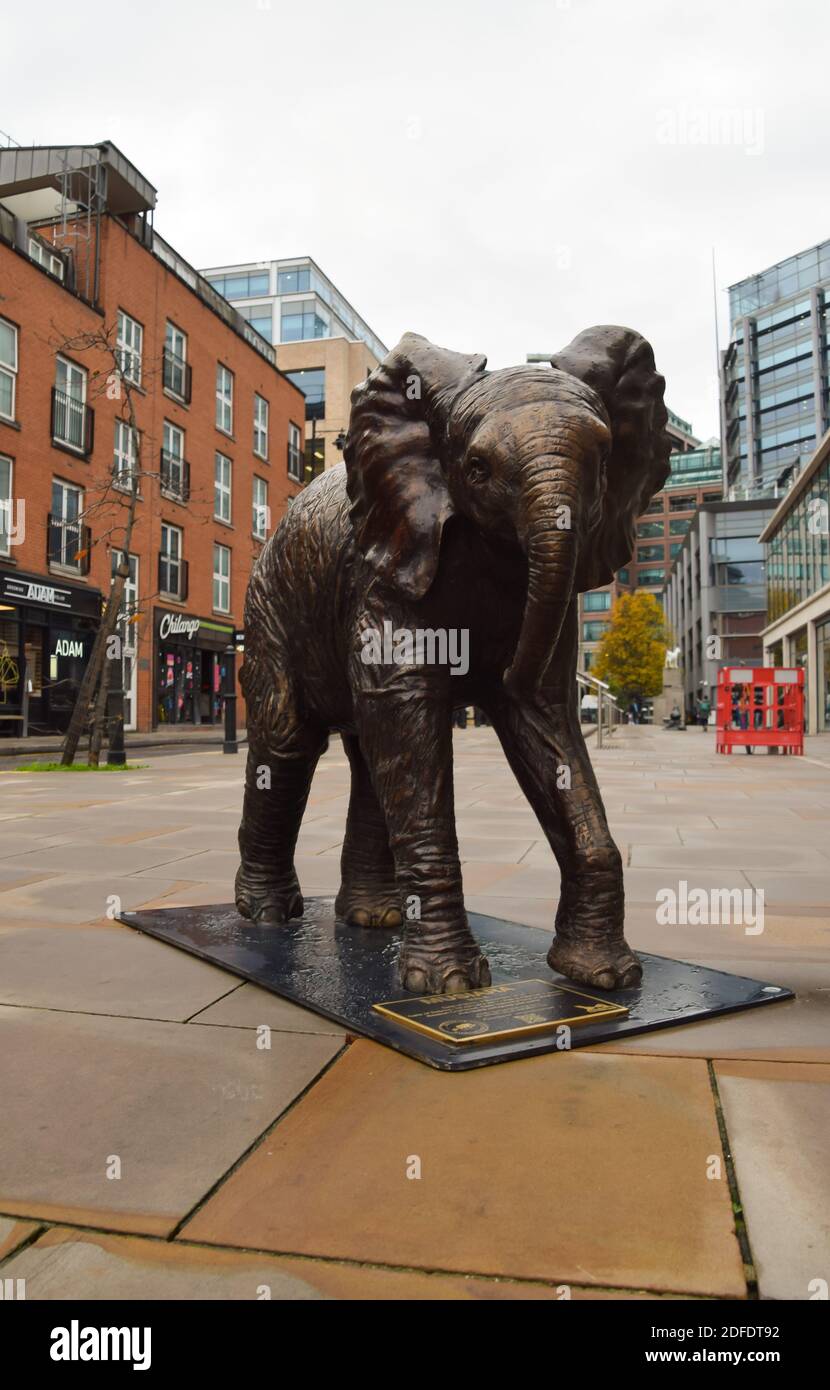 A bronze elephant sculpture at Spitalfields Market, London. Created by