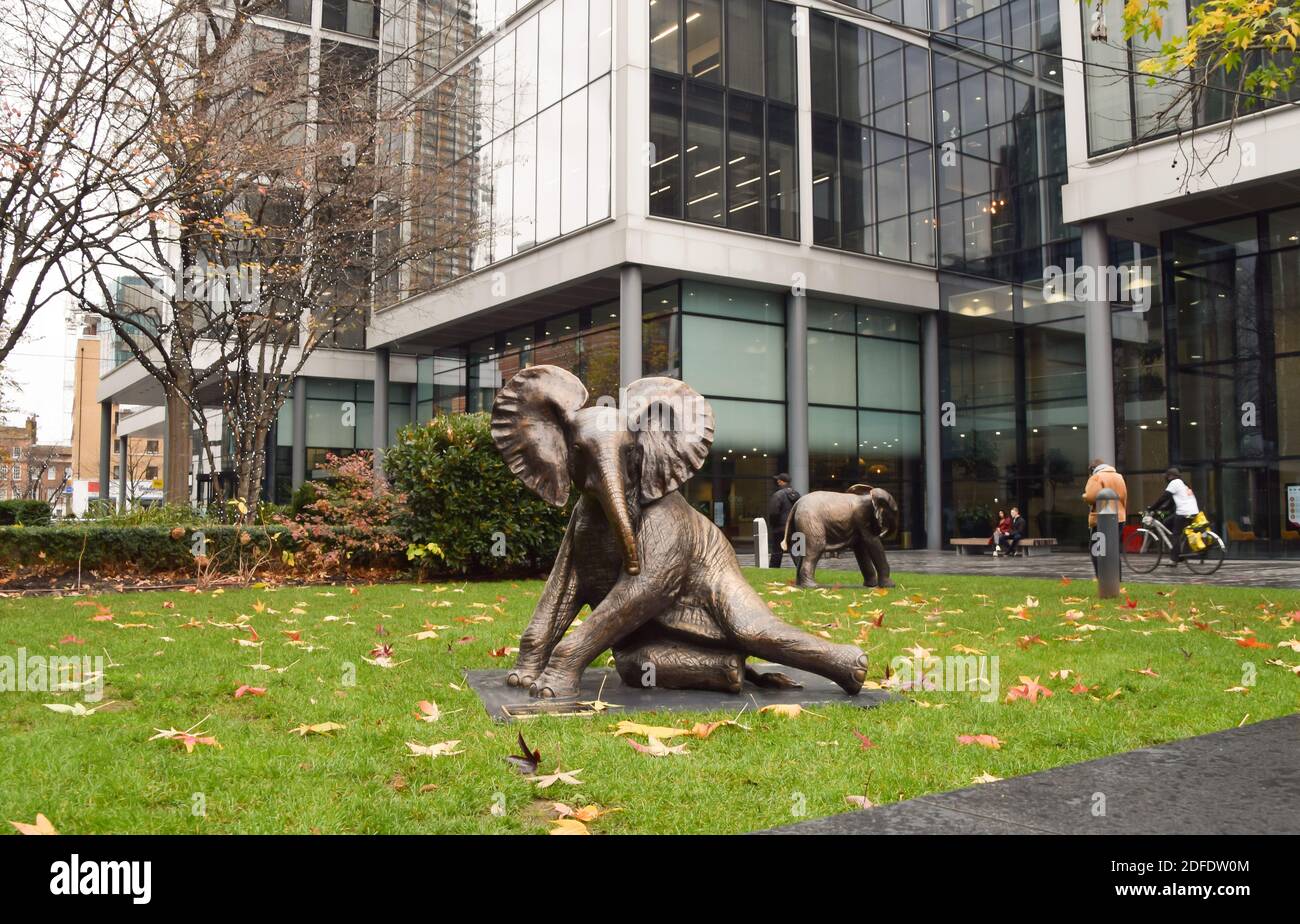 A bronze elephant sculpture at Spitalfields Market, London. Created by