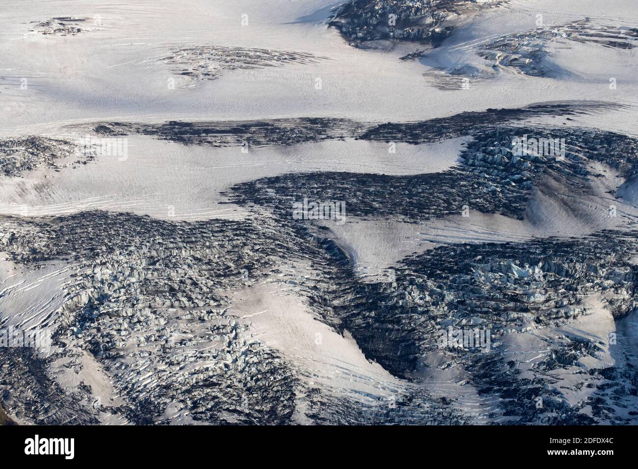 Aerial view over glacier of the volcano Eyjafjallajoekull / Eyjafjallajökull, one of the smaller ice caps of Iceland in summer Stock Photo