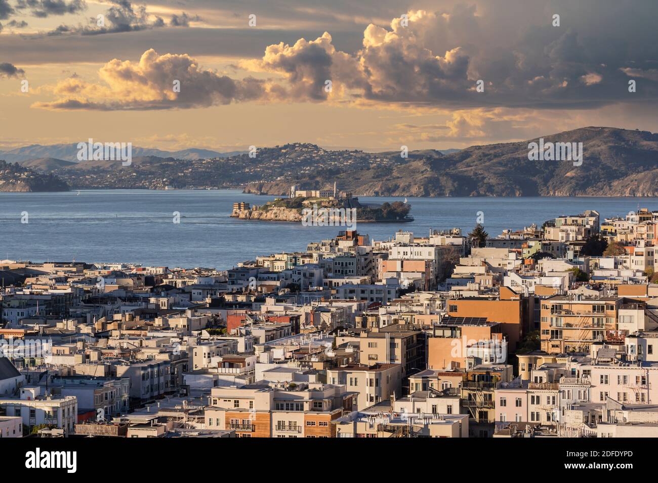 San Francisco Marina District and Alcatraz Island National Park with stormy sky. Stock Photo