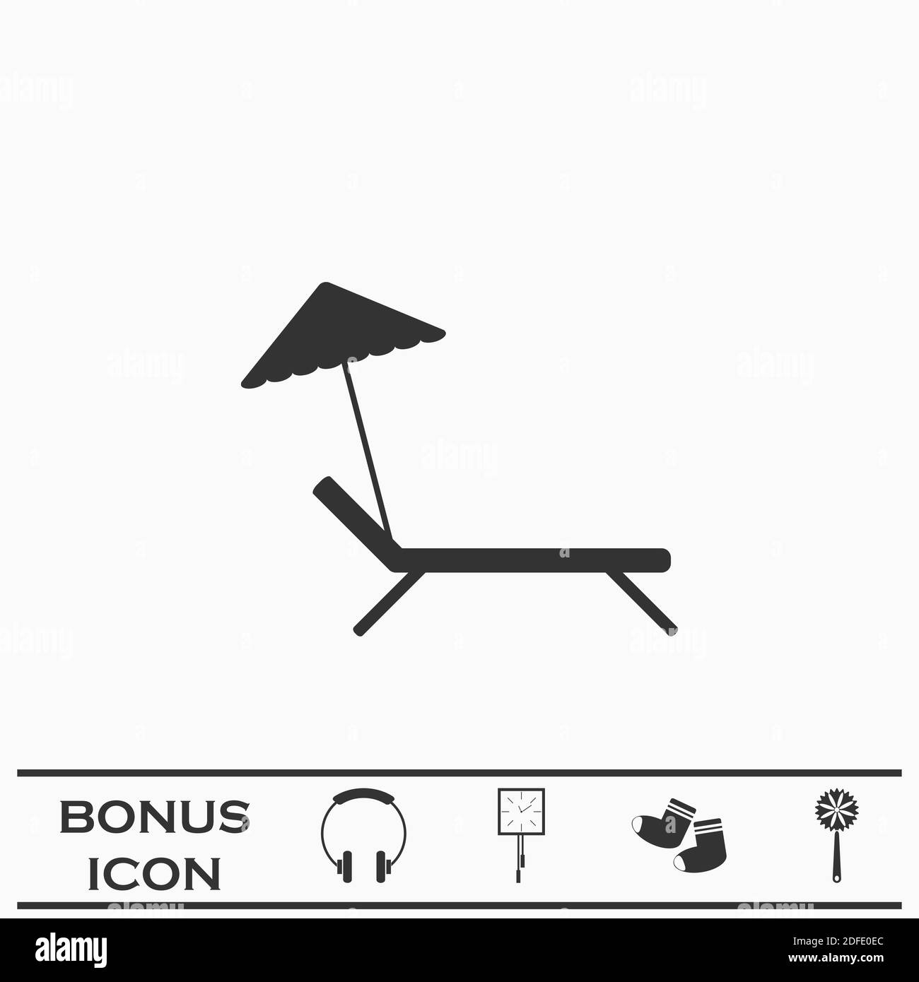 Beach umbrella and lounger icon flat. Black pictogram on white background. Vector illustration symbol and bonus button Stock Vector
