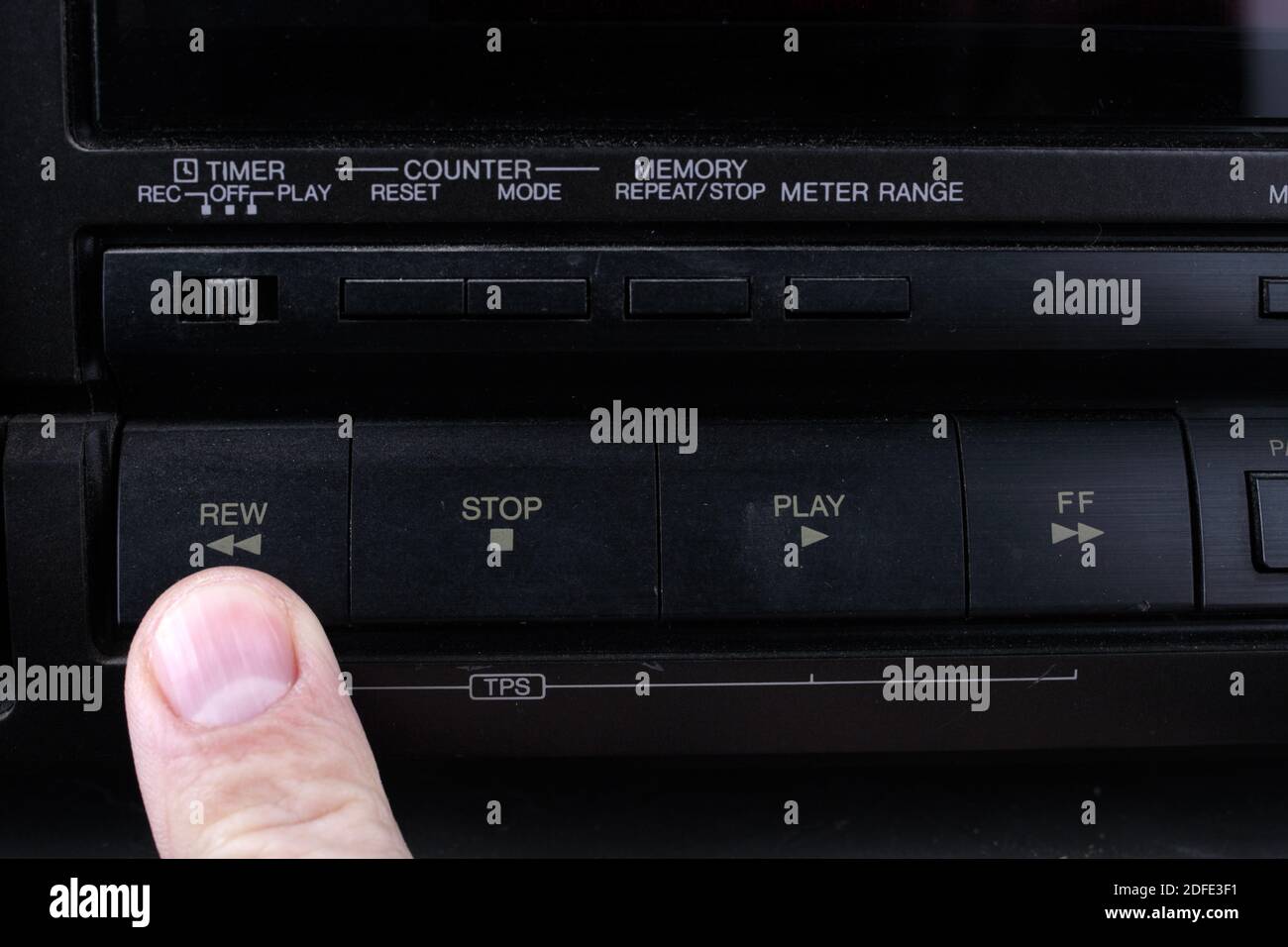 Press Rew button on retro audio cassette tape recorder Stock Photo Alamy