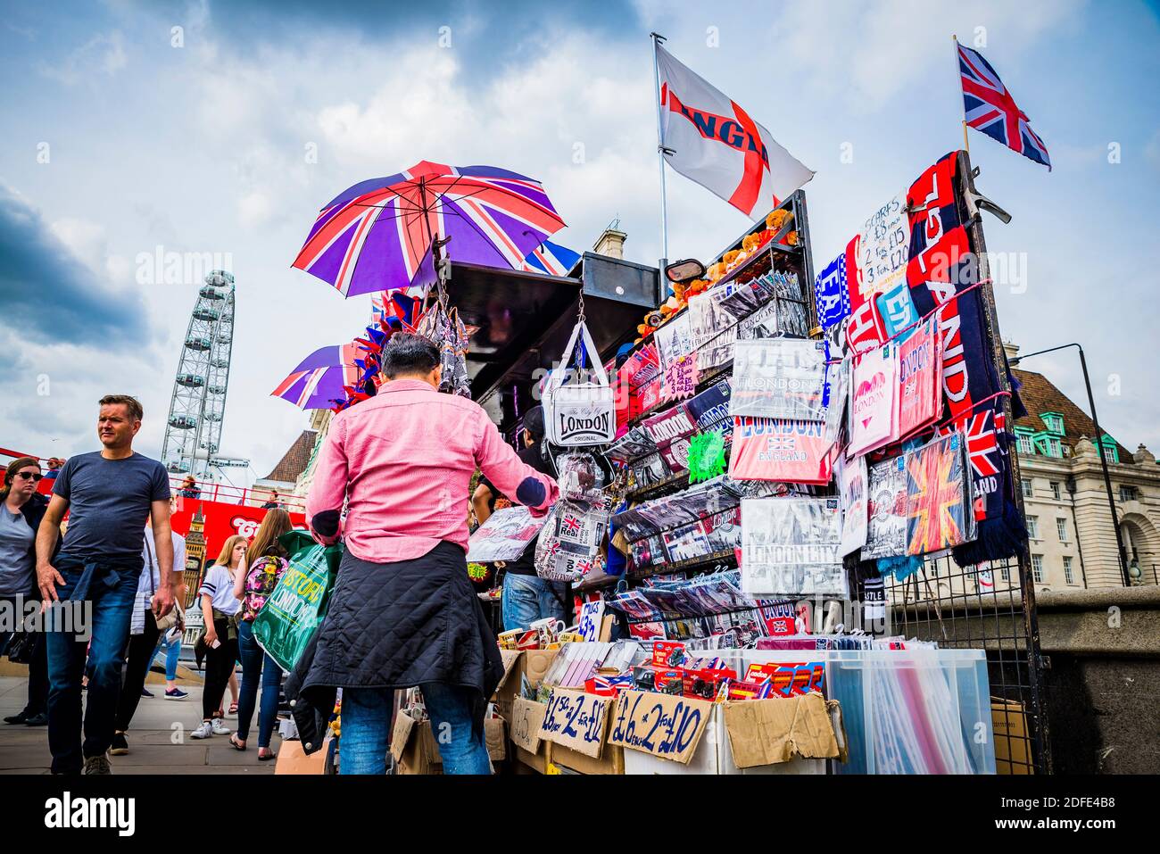 Westminster Bridge, tourist souvenirs stall. London, England, United