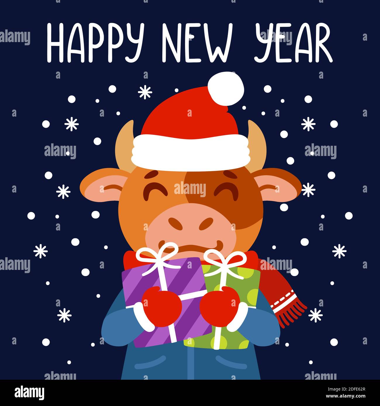 Bull holds gifts. The symbol of Chinese New Year 2021. Greeting card with ox. Vector illustration with cute character isolated background. Hand drawn Stock Vector
