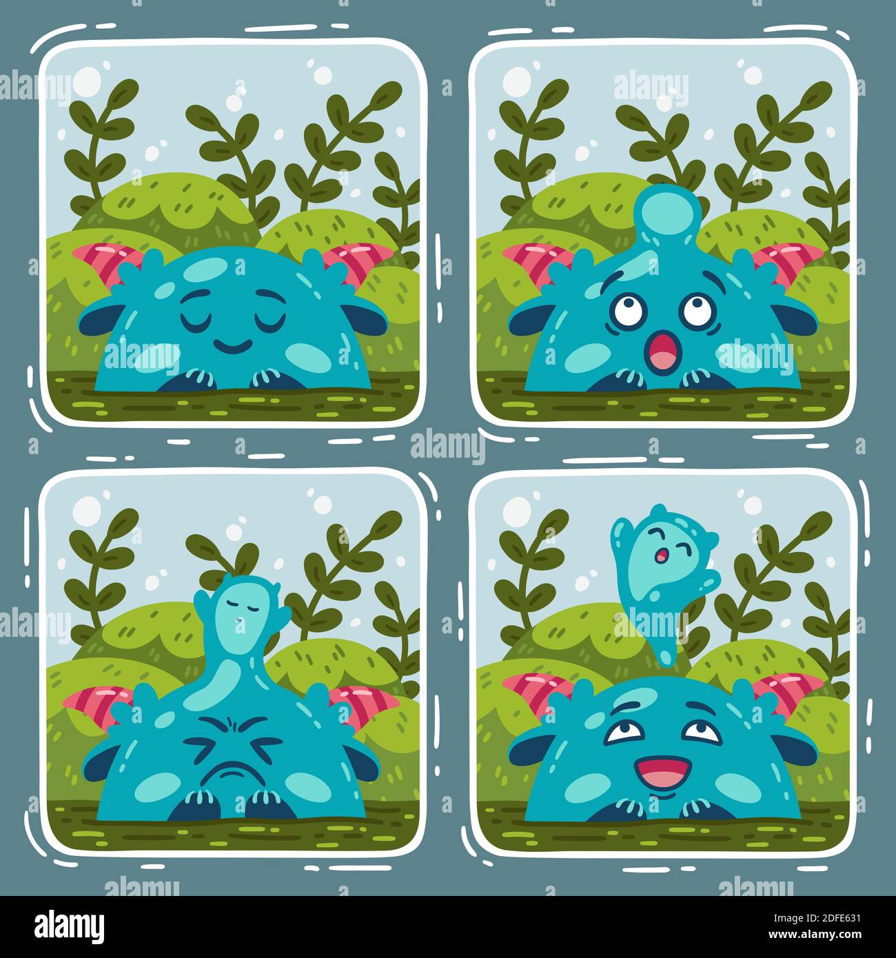Comic about the swamp monster and the miracle of birth. Vector illustration isolated background. Stock Vector