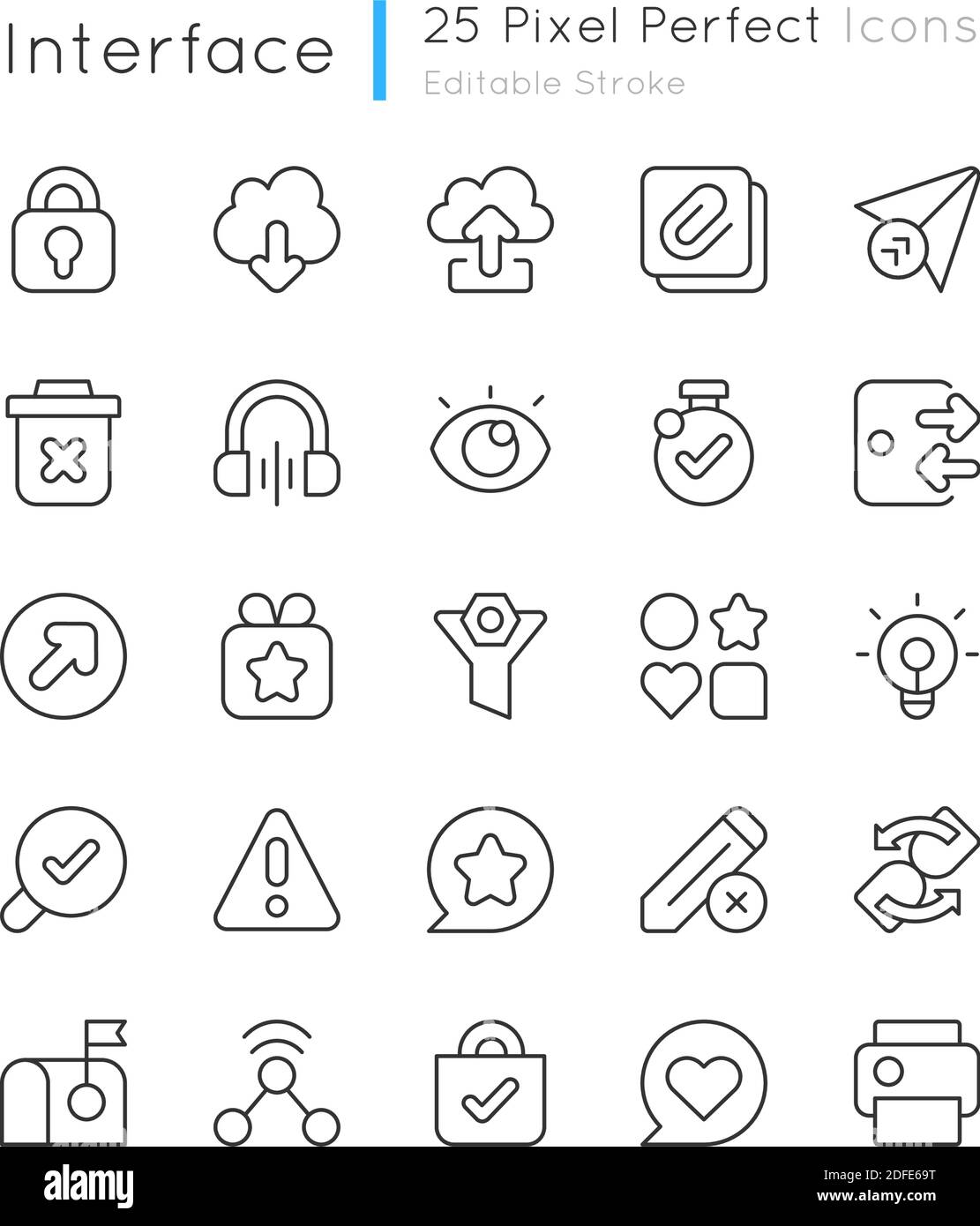 Interface pixel perfect linear icons set Stock Vector