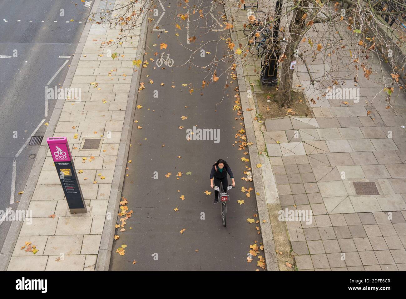 Victoria Embankment segregated cycle lane viewed from above with a moving cyclist riding through the fallen leaves on the road. London Stock Photo