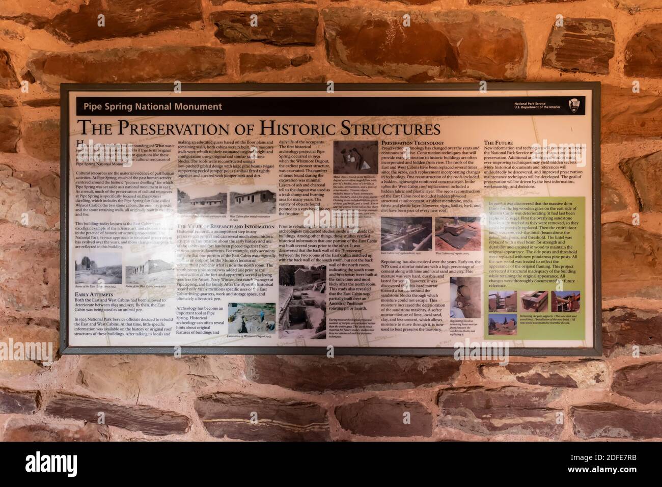 Historic preservation explained in an interpretive sign at Pipe Spring National Monument, Arizona, USA Stock Photo