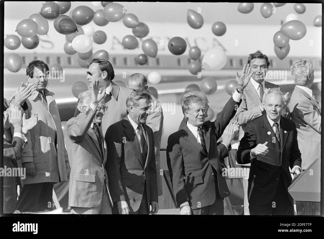 President Jimmy Carter and vice-president Walter Mondale make a campaign stop in Cleveland Ohio in 1980. At left is US Senator Howard Metzenbaum. At right is US Rep. John Seiberling. Ernie Mastroianni photo Stock Photo
