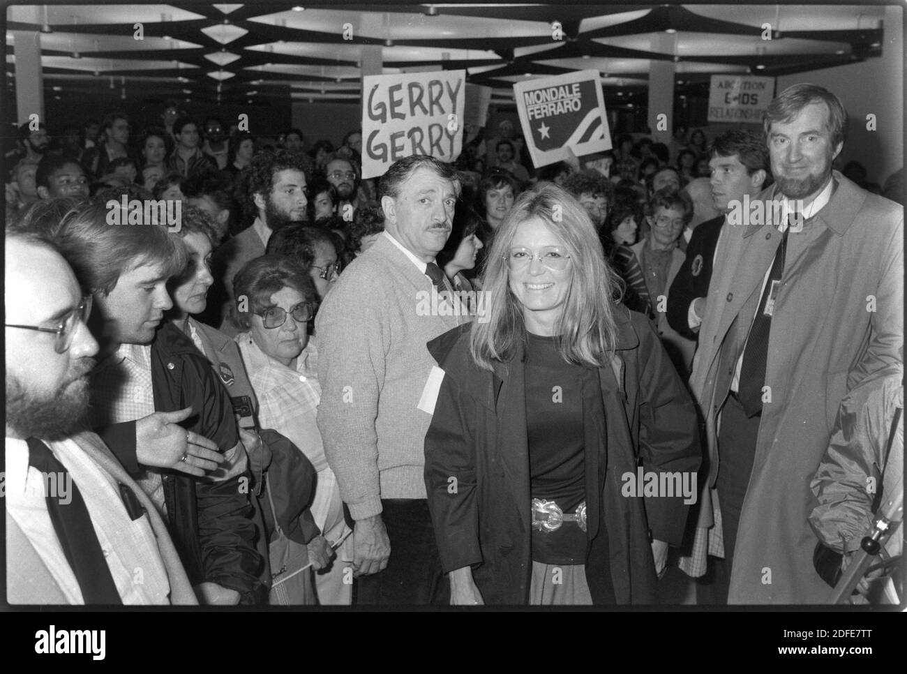Gloria Steinem makes an appearance during a rally for vice-presidential candidate Geraldine Ferraro in Akron Ohio on Oct. 1, 1984. Ernie Mastroianni photo Stock Photo