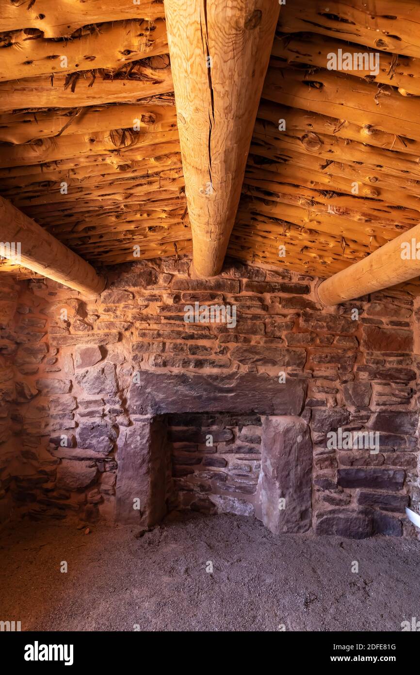 Log and stone cabin at Pipe Spring National Monument, Arizona, USA ...