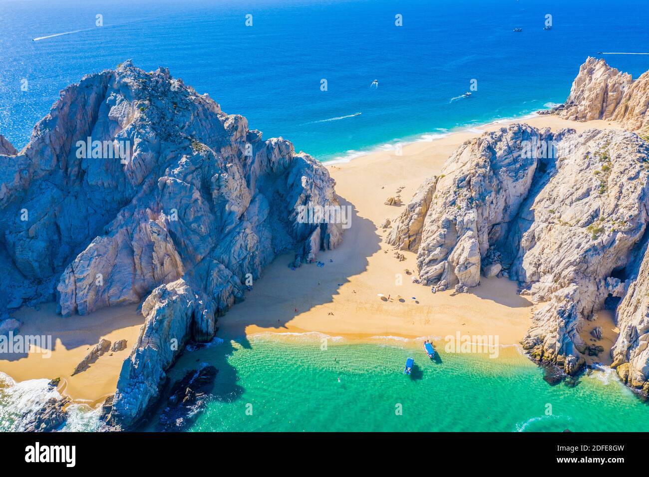 Aerial view of Lovers Beach at Lands End, Cabo San Lucas, Mexico. The side facing the Sea of Cortez is Lovers Beach, the opposite side Divorce Beach Stock Photo