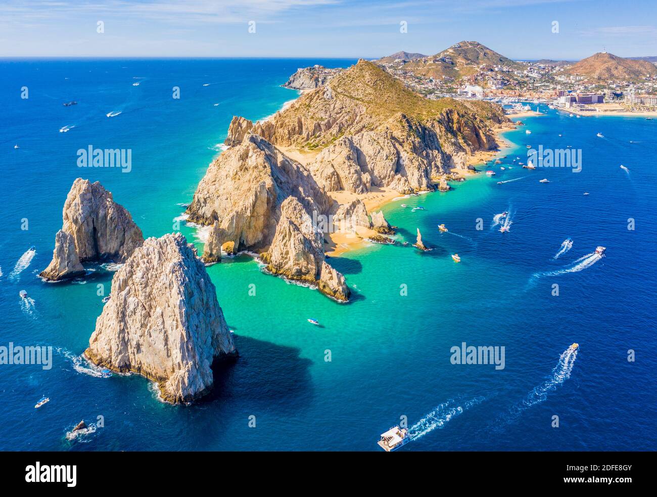 Aerial view of Lands End and the Arch of Cabo San Lucas, Baja California Sur, Mexico, where the Gulf of California meets the Pacific Ocean Stock Photo