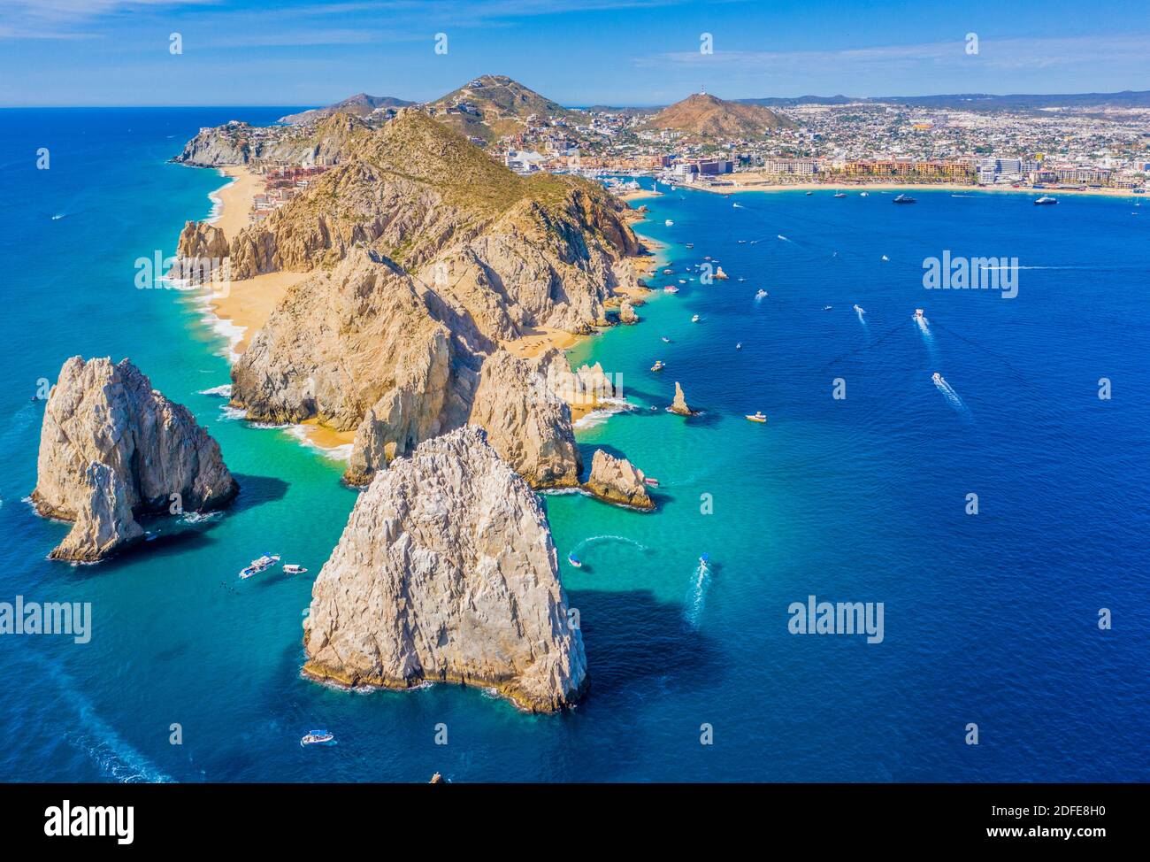 Aerial view looking west of Lands End, Cabo San Lucas, Mexico, Baja California Sur, where the Sea of Cortez meets the Pacific Ocean Stock Photo