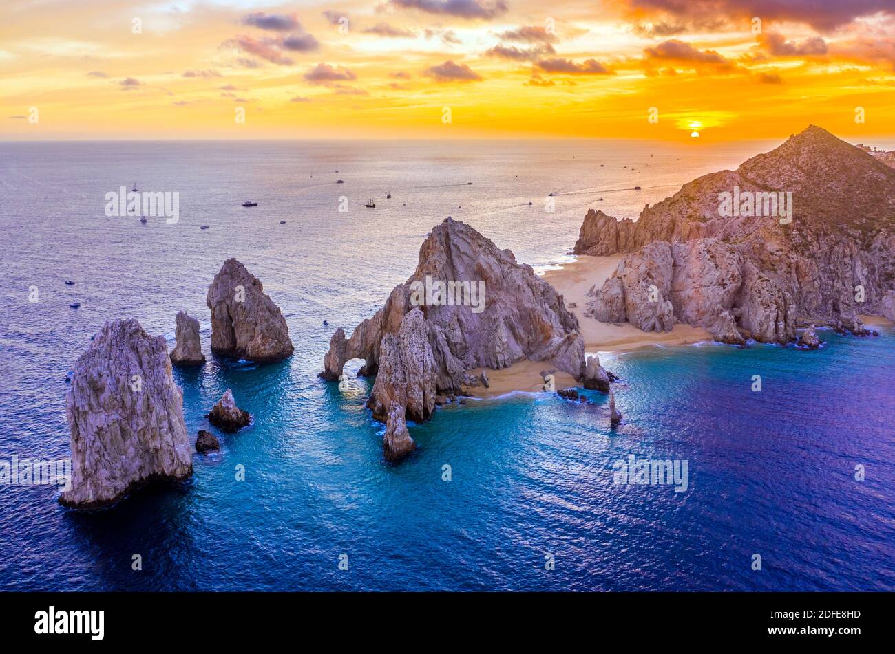 Aerial view of the famous Cabo San Lucas Arch at the southernmost tip of the Baja California peninsula, where the Sea of Cortez meets the Pacific Stock Photo