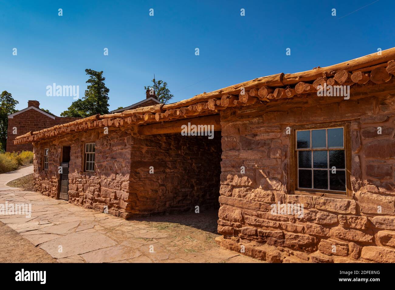 Log and stone cabin at Pipe Spring National Monument, Arizona, USA Stock Photo