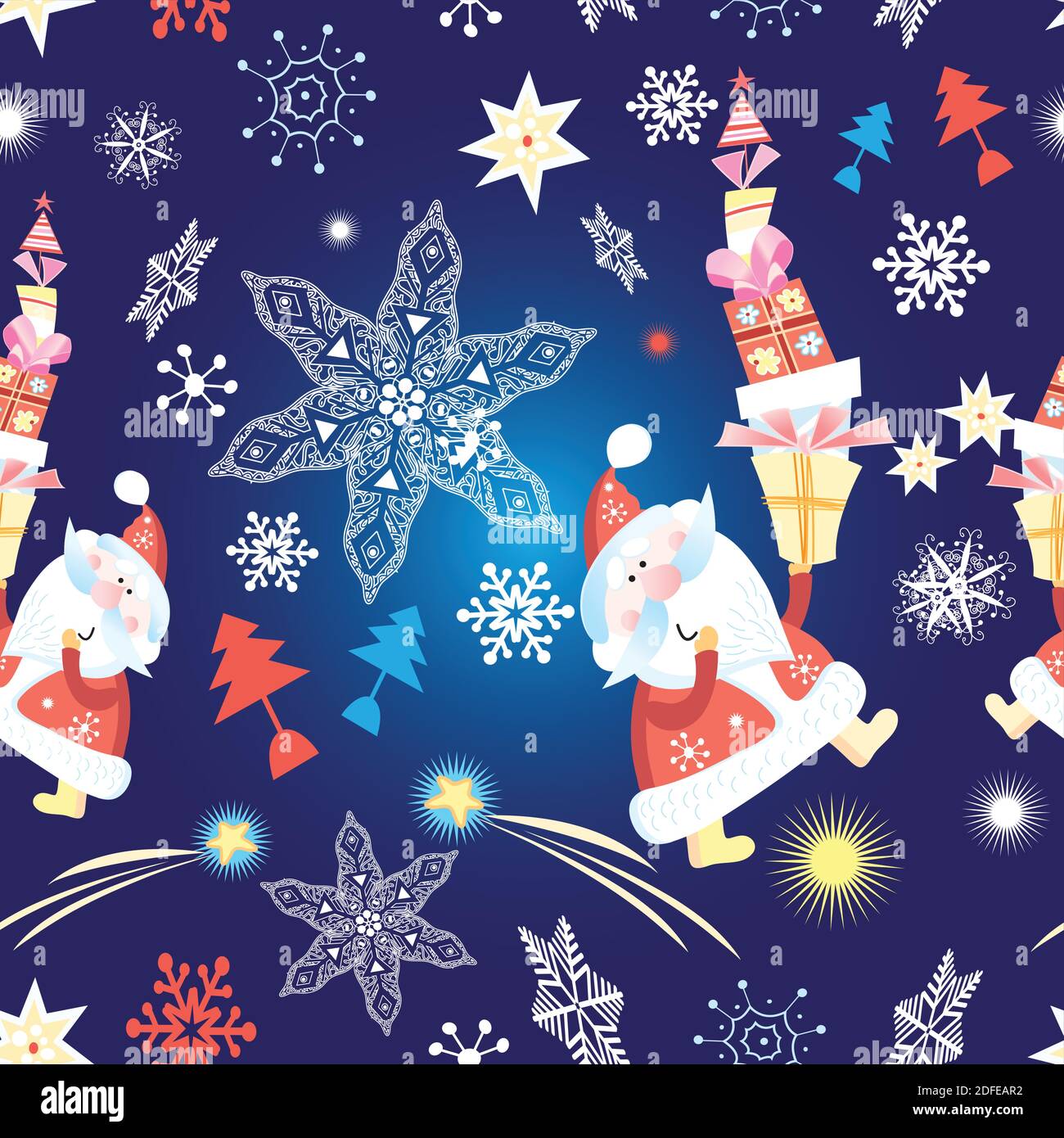 Festive vector new year seamless pattern with Santa Claus and snowflakes. Template with Santa Claus for packaging or Wallpaper Stock Vector