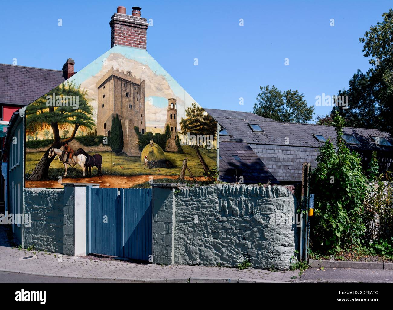 Medieval scene painted on Facade of the town house in county Cork, Ireland Stock Photo