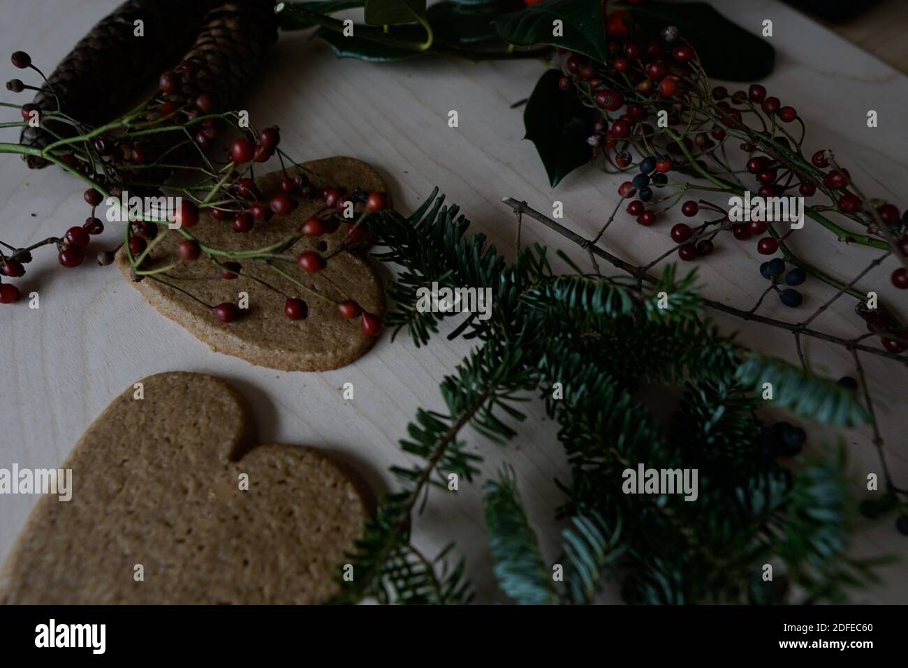 Arrangement of holiday objects and decorations -- green spruce, red berries, ginger heart cookies. Stock Photo