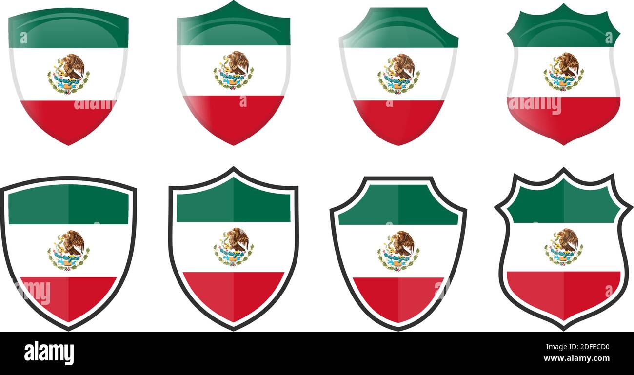 Vertical Mexican flag in shield shape, four 3d and simple versions. Mexico icon / sign Stock Vector