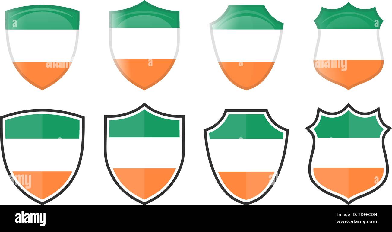 Vertical Republic of Ireland flag in shield shape, four 3d and simple versions. Irish icon / sign Stock Vector