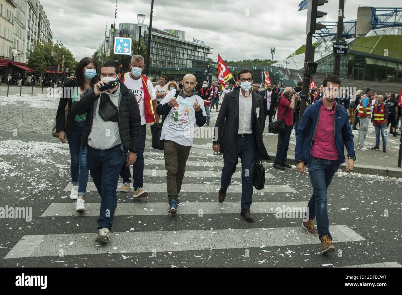 A hundred workers of the paper mill of La Chapelle Darblay stationery store of Grand-Couronne demonstrate outside the Ministry of Economy and Finance, in Paris-Bercy, on Wednesday July 01, 2020. Arnaud Dauxerre, Julien Senecal, Nathalie Verdeil and Pascal Morel from a delegation of them were received at midday at the ministry to take stock of the future of stationery. Photo by Pierrick Villette/Avenir Pictures/ABACAPRESS.COM Stock Photo