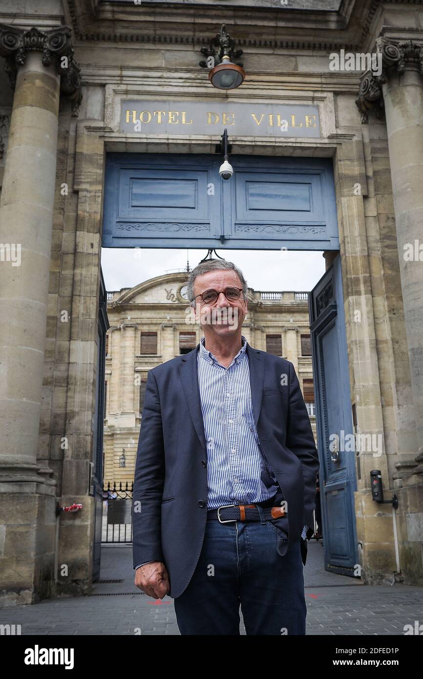Newly elected Bordeaux's mayor, Pierre Hurmic (EELV) poses in front of  Bordeaux's city hall following a
