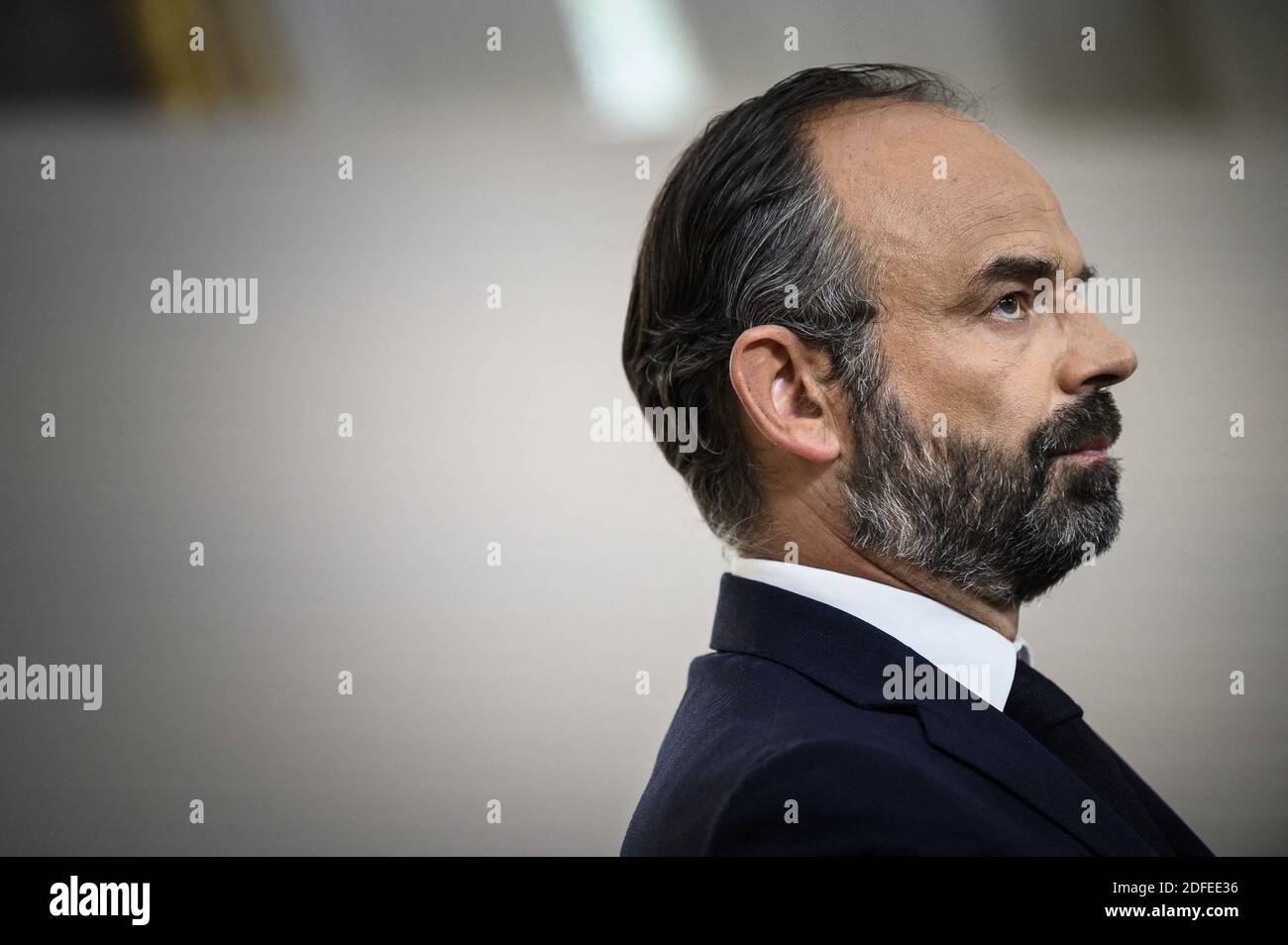 File photo dated May 7, 2020 of French Prime Minister Edouard Philippe  gives a press conference concerning the details for the end of the  lockdown, at the Hotel Matignon in Paris, France,