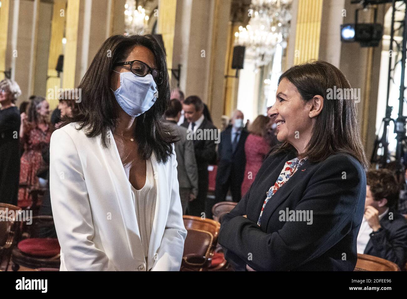 Former Journalist And New Paris Deputy Mayor To Ubran Farming Audrey Pulvar Wears A Protective Facemask As She Speaks With Paris Mayor Anne Hidalgo During A Paris Council Meeting On July 3