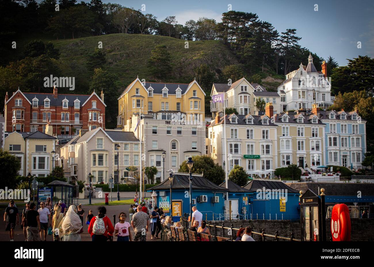 Victorian Hotels and Bed & Breakfast accomodation at the foot of the Greate Orme as seen from the the North End of Llandudno's promenade.  North Wales Stock Photo