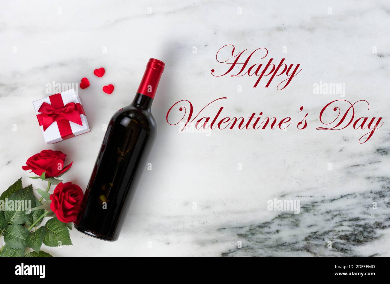 Happy Valentines Day With Lovely Rose Flowers And Red Wine Bottle Plus Giftbox On Natural Marble Stone Including Text Message Stock Photo Alamy