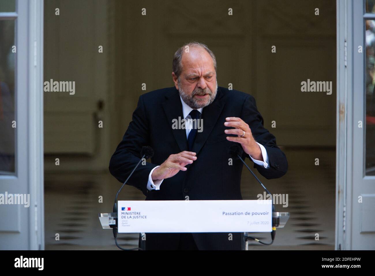 Newly appointed French Justice minister and lawyer Eric Dupond-Moretti  delivers a speech during the handover ceremony at the French Justice  ministry in Paris on July 7, 2020 following the French cabinet reshuffle.