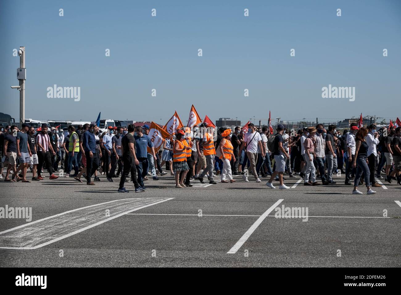 In Toulouse (France), Airbus employees stopped work on the morning of July 8, 2020, following a call from the majority unions. Faced with the concern raised by the layoff plans being prepared by the aircraft manufacturer, between 5,000 and 8,000 people skirted the runways of Blagnac airport, on a very supervised route, to reach the headquarters of the European group. Photo by Patrick Batard/ABACAPRESS.COM Stock Photo