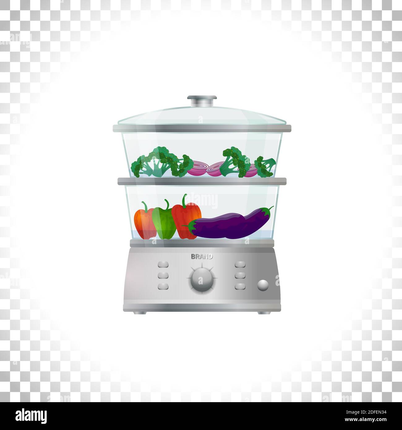 Electric food steamer or double boiler with vegetables. Front view. Household appliance. Kitchen steam cooker on transparent background. Element for i Stock Vector