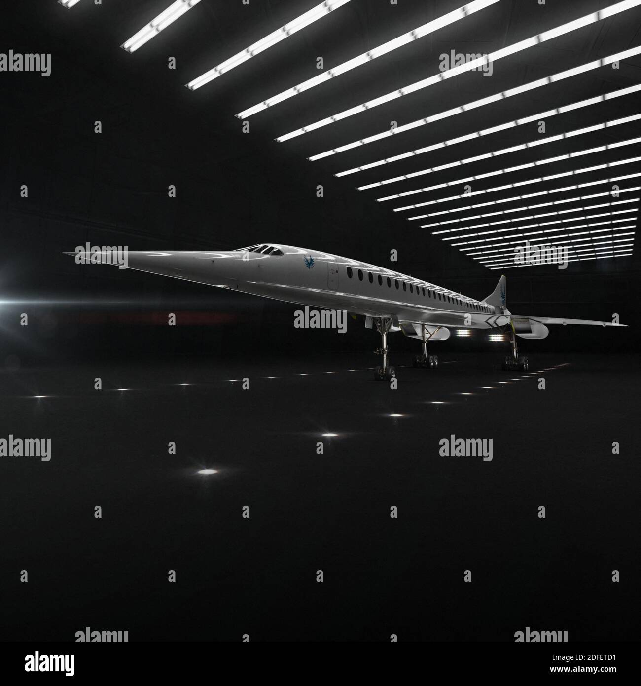Hand out photo of a a rendering of supersonic commercial jet Overture, which is currently in development. Over 50 years after Concorde first took to the skies, a brand new supersonic jet is preparing for lift off. Denver based start-up Boom Supersonic has announced it will roll out XB-1, a 1:3 scale prototype of its upcoming supersonic commercial jet Overture, on October 7, with test flights beginning in 2021. The move will help to pave the way for the first commercial supersonic flights since the legendary delta-wing passenger airliner made its last flight in 2003. 'XB-1 is the first step in Stock Photo