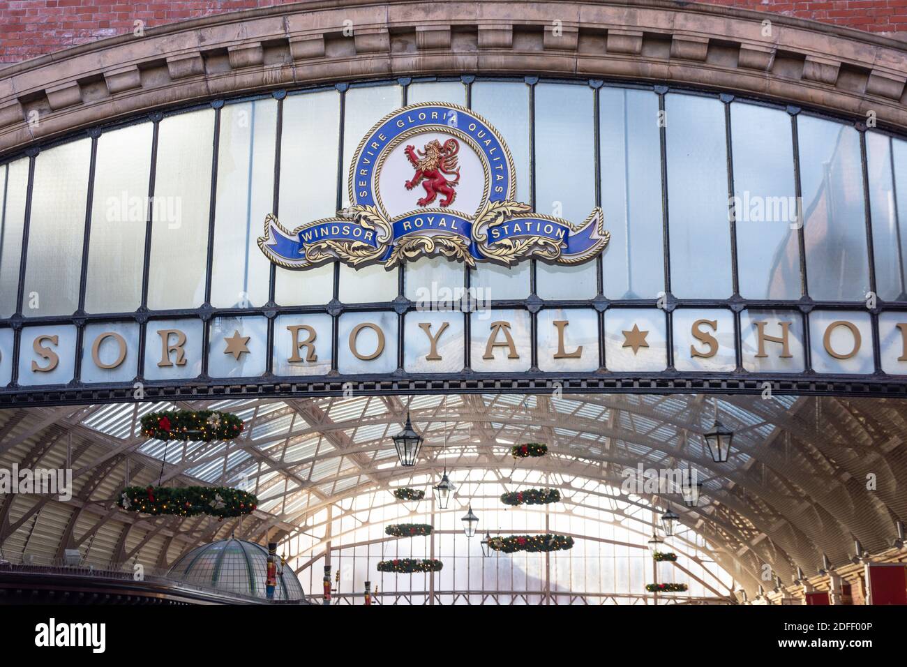 Windsor Royal Shopping Arcade entrance at Christmas, Windsor Royal Station, Windsor, Berkshire, England, United Kingdom Stock Photo
