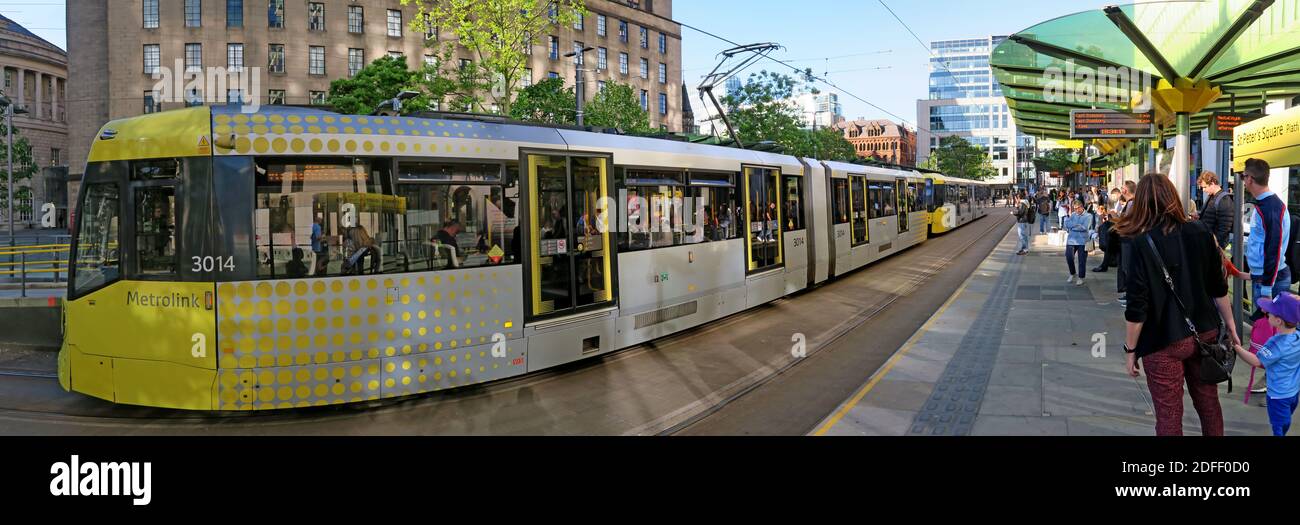 St Peters Square,Manchester,Metrolink stop,panorama of tram 3014,Greater Manchester,England,UK Stock Photo