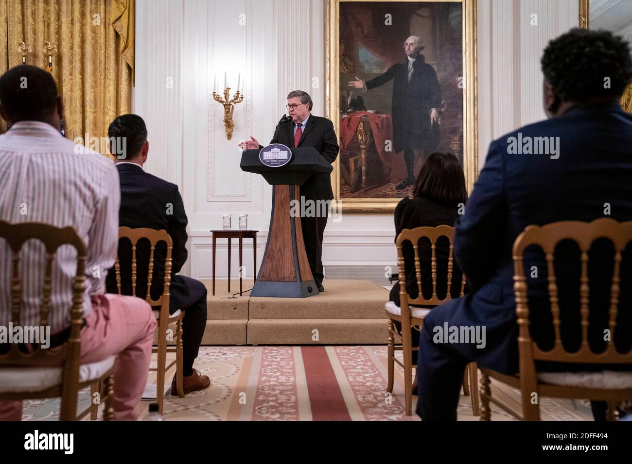 United States Attorney General William P. Barr delivers remarks on 'Operation Legend: Combatting Violent Crime in American Cities' in the East Room of White House in Washington, DC, USA, on Wednesday, July 22, 2020. Photo by Sarah Silbiger/Pool/ABACAPRESS.COM Stock Photo
