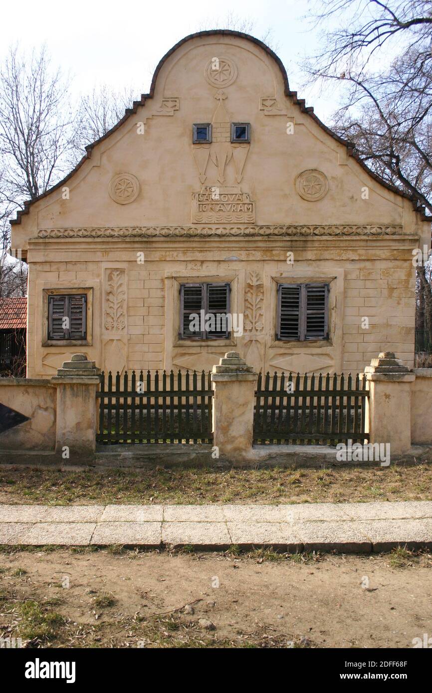 Dimitrie Gusti National Village Museum, Bucharest, Romania. A 19th century house from Timis County displayed in the ethnographic museum. Stock Photo