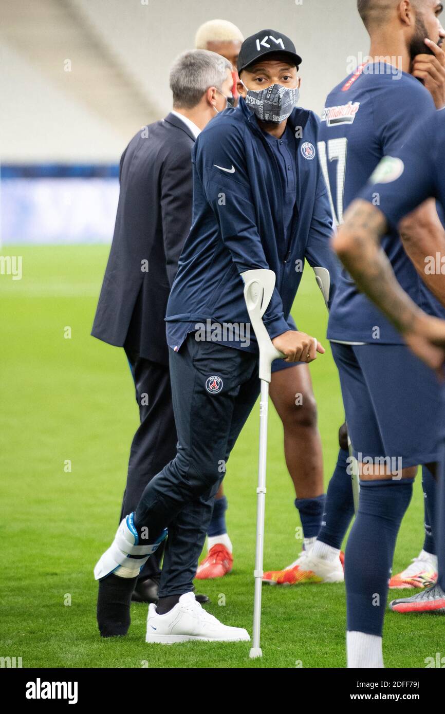 Paris St Germain S Kylian Mbappe On Crutches After The Match During The French Cup Final Between As Saint Etienne And Paris Saint Germain At Stade De France On July 24 In Saint Denis