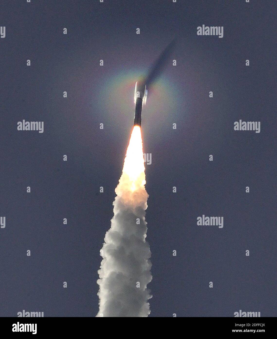 NO FILM, NO VIDEO, NO TV, NO DOCUMENTARY - A rainbow halo appears momentarily as the Atlas V rocket blasts through a humid layer of the atmosphere during the launch of the Mars 2020 rover from Cape Canaveral Air Force Station, FL, USA, Thursday, July 30, 2020.Photo by Joe Burbank/Orlando Sentinel/TNS/ABACAPRESS.COM Stock Photo