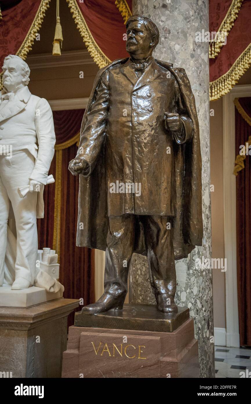 This statue of United States Senator Zebulon Baird Vance (Democrat of North Carolina),was given to the National Statuary Hall Collection by North Carolina in 1916 and stands in Statuary Hall at the US Capitol in Washington, DC., as of Friday, July 31, 2020.. Vance lived from May 13, 1830 to April 14, 1894, and served as a Confederate military officer, 43rd Governor of North Carolina, and US Senator. Photo by Rod Lamkey/CNP/ABACAPRESS.COM Stock Photo