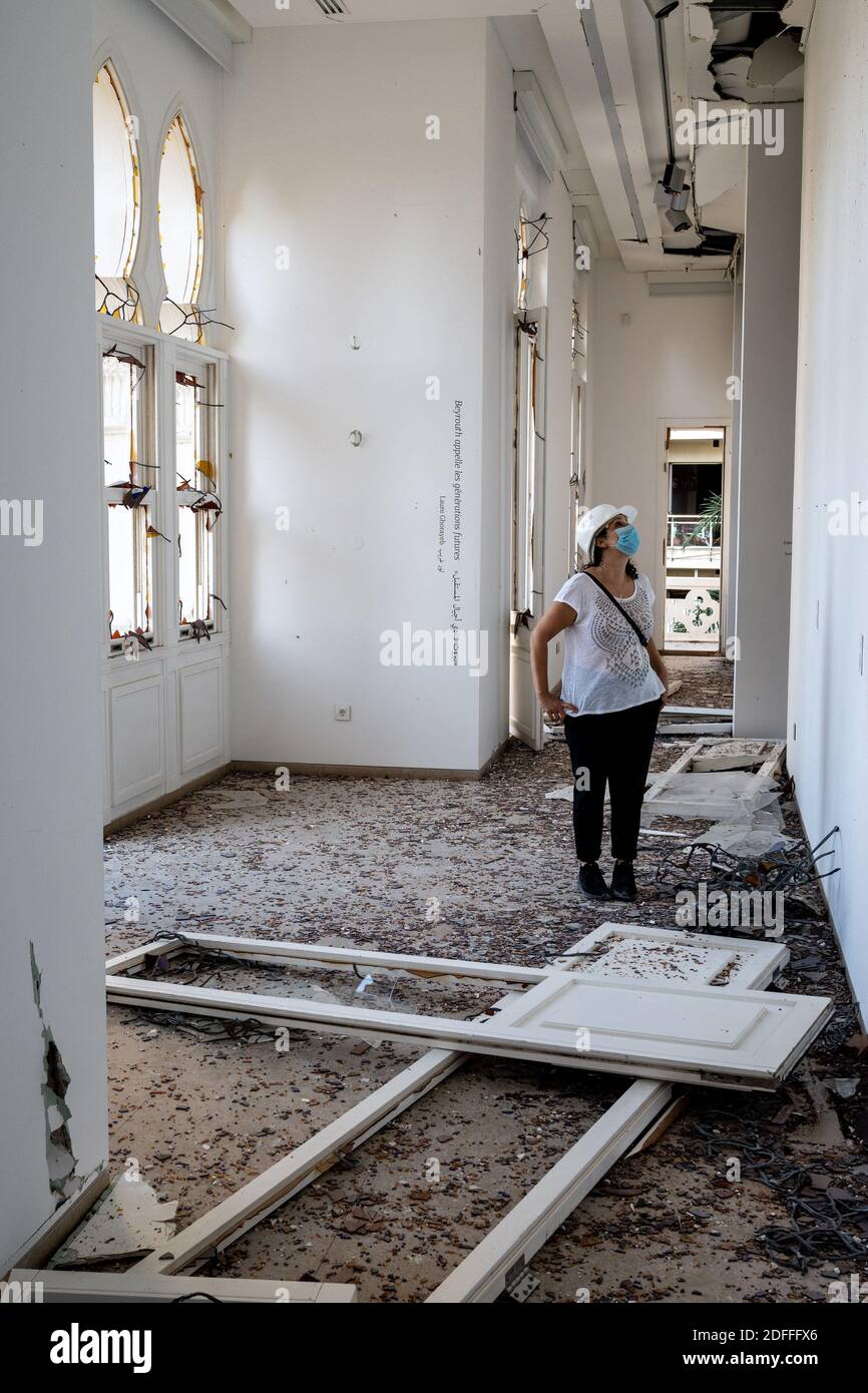 Zeina Arida, director of the Sursock Museum, walks with her team in the devastated galleries and exhibition halls of the museum, that by come to watch the destructions at the port of Beirut, as seen on the day after a huge unknown blast at the port of Beirut, Lebanon on August 5, 2020. Photo by Ammar Abd Rabbo/ABACAPRESS.COM Stock Photo